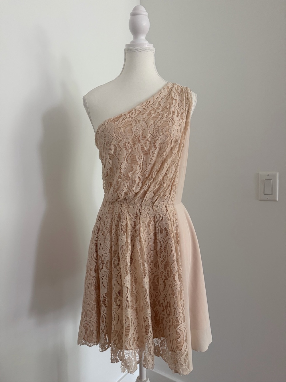 MM Couture One-Shoulder Lace Dress in Nude Blush‎